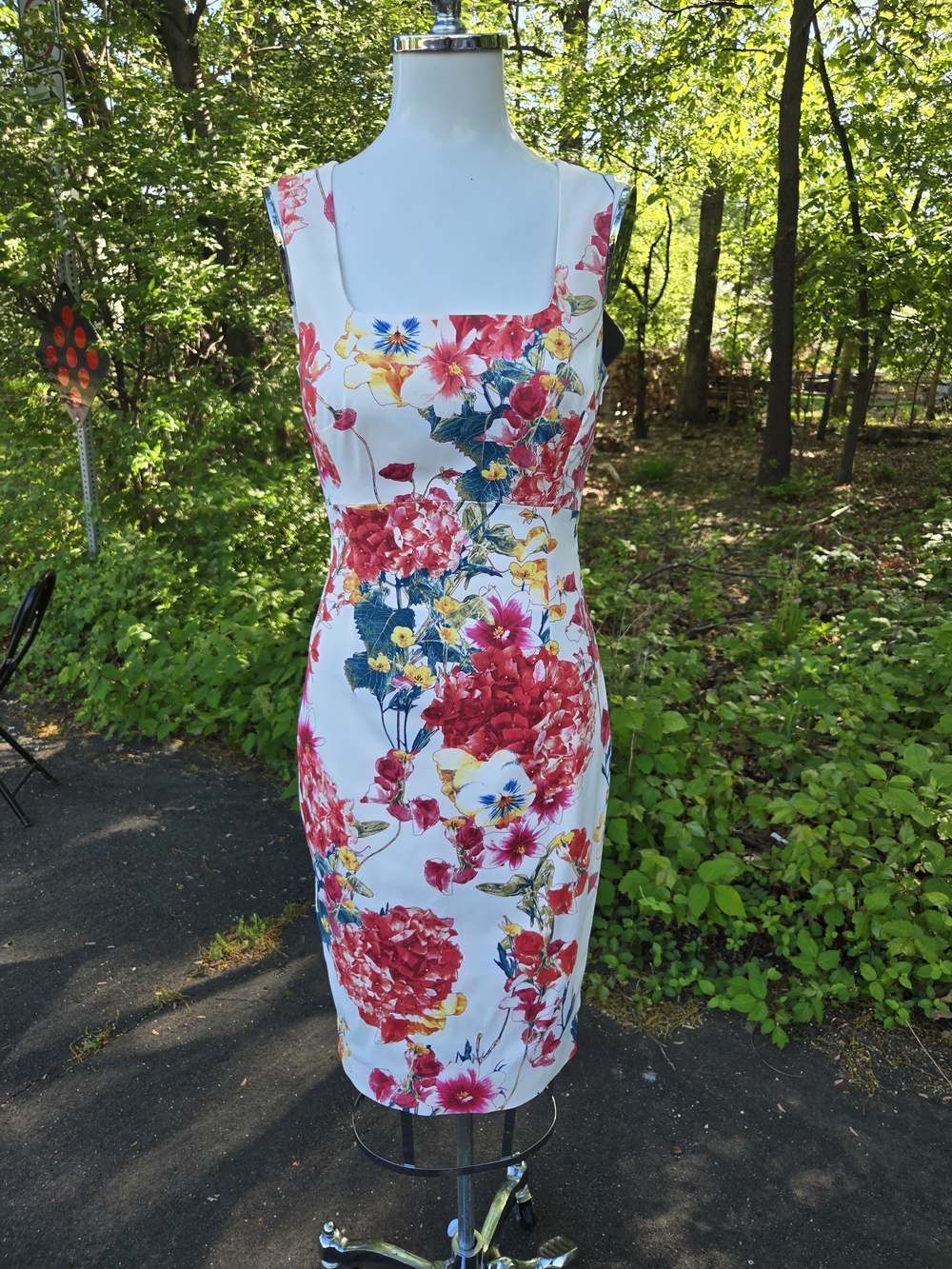 Karen Millen White Midi Dress with Red and Blue Floral Print -NWOT